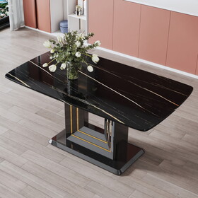 Dining table. Black imitation marble pattern desktop. Black MDF table legs, gold lines, black base. Suitable for kitchen and living room 63"*35.4"30" F-SQ