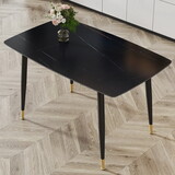 Modern minimalist dining table. Black sintered stone tabletop with golden stripe pattern, black metal legs. Suitable for kitchen restaurantand and living room 50