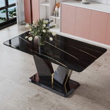 Modern minimalist rectangular dining table, 0.4 inch thick, with a black imitation marble pattern desktop and black MDF legs. Suitable for kitchen and restaurant 63