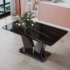 Modern minimalist rectangular dining table, 0.4 inch thick, with a black imitation marble pattern desktop and black MDF legs. Suitable for kitchen and restaurant 63"*35.4"X30"