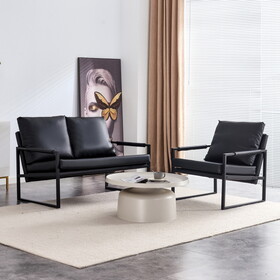 Sofa set. PU leather armchair metal frame cushion armchair, cushion backrest, living room sofa 1 double sofa+1 single sofa (black PU leather+metal frame+foam) SF-008 SF-D008