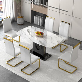 1 table and 6 chairs. simple and luxurious white imitation marble rectangular dining table and desk with 6 white PU gold plated leg chairs 63" x 35.4" x 30" W1151S00446