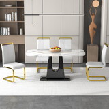 1 table and 4 chairs. simple and luxurious white imitation marble rectangular dining table and desk with 4 white PU gold plated leg chairs 63