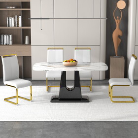 1 table and 4 chairs. simple and luxurious white imitation marble rectangular dining table and desk with 4 white PU gold plated leg chairs 63" x 35.4" x 30" W1151S00447