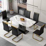 1 table and 6 chairs. simple and luxurious white imitation marble rectangular dining table and desk with 6 black PU gold plated leg chairs 63