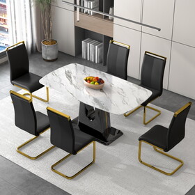 1 table and 6 chairs. simple and luxurious white imitation marble rectangular dining table and desk with 6 black PU gold plated leg chairs 63" x 35.4" x 30" W1151S00448