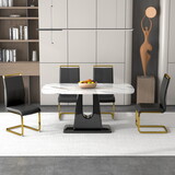 1 table and 4 chairs. simple and luxurious white imitation marble rectangular dining table and desk with 4 black PU gold plated leg chairs 63