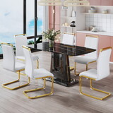 1 table and 6 chairs. simple and luxurious black imitation marble rectangular dining table and desk with 6 white PU gold plated leg chairs 63