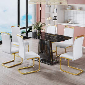 1 table and 6 chairs. simple and luxurious black imitation marble rectangular dining table and desk with 6 white PU gold plated leg chairs 63" x 35.4" x 30" W1151S00450