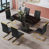 1 table and 6 chairs. simple and luxurious black imitation marble rectangular dining table and desk with 6 black PU gold plated leg chairs 63