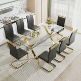 1 table and 8 chairs. simple luxury tempered glass rectangular dining table and desk with 8 black PU gold plated leg chairs 79