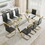 1 table and 8 chairs. simple luxury tempered glass rectangular dining table and desk with 8 black PU gold plated leg chairs 79"x39"x30" W1151S00455