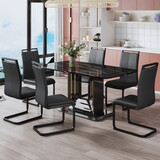 A table and six chairs. The table features a black imitation marble pattern tabletop and black gold MDF legs. The chair has a black PU backrest cushion and black metal legs. F-SQ C-1162