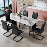 Table and chair set. 1 table and 6 chairs. Rectangular dining table, white imitation marble tabletop, MDF table legs with gold metal decorative strips. Equipped with white black leg chairs F-HH