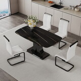 A minimalist dining table with four chairs. Black imitation marble desktop with MDF legs.4 dining chairs with white PU backrest cushions and black metal legs.Table size 63 