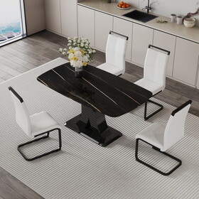 A minimalist dining table with four chairs. Black imitation marble desktop with MDF legs.4 dining chairs with white PU backrest cushions and black metal legs.Table size 63 "* 35.4" * 30"