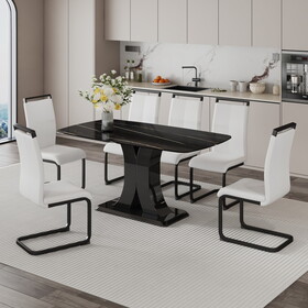 A minimalist dining table with six chairs. Black imitation marble desktop with MDF legs.6 dining chairs with white PU backrest cushions and black metal legs.Table size 63 "* 35.4" * 30" W1151S00471