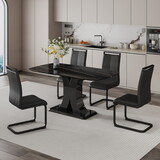A minimalist dining table with four chairs. Black imitation marble desktop with MDF legs.4 dining chairs with black PU backrest cushions and black metal legs.Table size 63 