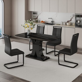 A minimalist dining table with four chairs. Black imitation marble desktop with MDF legs.4 dining chairs with black PU backrest cushions and black metal legs.Table size 63 "* 35.4" * 30"