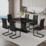 A minimalist dining table with six chairs. Black imitation marble desktop with MDF legs.6 dining chairs with black PU backrest cushions and black metal legs.Table size 63 