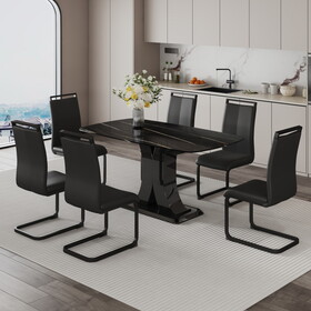 A minimalist dining table with six chairs. Black imitation marble desktop with MDF legs.6 dining chairs with black PU backrest cushions and black metal legs.Table size 63 "* 35.4" * 30" W1151S00473