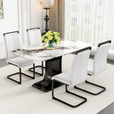 A table with four chairs, a white imitation marble tabletop, and MDF leg dining table. 4 dining chairs with white PU backrest cushions and black metal legs. Table size 63 