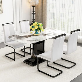 A table with four chairs, a white imitation marble tabletop, and MDF leg dining table. 4 dining chairs with white PU backrest cushions and black metal legs. Table size 63 "* 35.4" * 30" F-CC C-1162