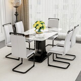 A table with six chairs, a white imitation marble tabletop, and MDF leg dining table. 6 dining chairs with white PU backrest cushions and black metal legs. Table size 63 
