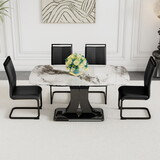 A table with four chairs, a white imitation marble tabletop, and MDF leg dining table. 4 dining chairs with black PU backrest cushions and black metal legs. Table size 63 
