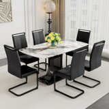 A table with six chairs, a white imitation marble tabletop, and MDF leg dining table. 6 dining chairs with black PU backrest cushions and black metal legs. Table size 63 