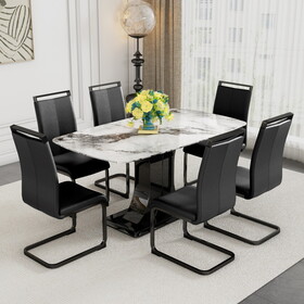 A table with six chairs, a white imitation marble tabletop, and MDF leg dining table. 6 dining chairs with black PU backrest cushions and black metal legs. Table size 63 "* 35.4" * 30" F-CC C-1162