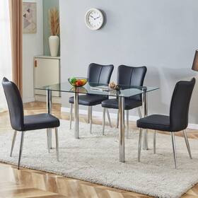Table, chair set. 1 table, 4 black chairs. The thickness of the glass dining table top is 0.3 feet, with Silver metal legs. Black PU leather backrest, seat cushion, electroplated metal chair