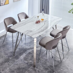 Bar table and chair set. 1 dining table and 4 chairs. MDF desktop with electroplated metal legs. Perfect for bars and family gatherings. 4 gray bar chairs. 1319H 1205H
