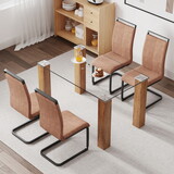 Table and chair set, 1 table and 4 chairs. a and minimalist rectangular dining table. Glass desktop and wood colar MDF table legs. Paired with brown chairs X05 C-1162
