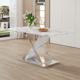 white rectangular marble textured glass dining table and office desk. Equipped with stainless steel base. Beautiful and durable. 63"*37"*30" W1151S00559