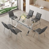 Table and chair set. 1 table and 6 grey chairs. Tempered glass desktop. Equipped with silver plated metal legs and MDF crossbars. Paired with armless soft backrest dining chairs. 1105 0809