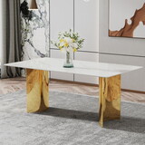 Modern minimalist dining table. The white imitation marble glass desktop is equipped with golden metal legs. Suitable for restaurants and living rooms 71 
