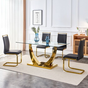 1 table with 4 black chairs. Glass dining table. Equipped with 0.39"tempered glass tabletop and gold-plated metal irregular bracket. Used in kitchens, dining rooms, living rooms, conference room