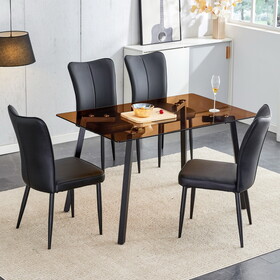 One table and 4 black PU chairs. Rectangular tea brown glass dining table, tempered glass tabletop and black metal legs, suitable for kitchen, dining room, and living room, 51 "* 31.5" * 29.5"