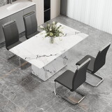 A simple dining table. a dining table with a white marble pattern. 4 PU synthetic leather high backrest cushioned side chairs with C-shaped silver metal legs. DT-SQ-16090-wh C-1162 W1151S00712
