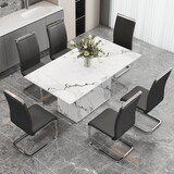 A simple dining table. a dining table with a white marble pattern. 6 PU synthetic leather high backrest cushioned side chairs with C-shaped silver metal legs. DT-SQ-16090-wh C-1162 W1151S00713