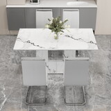 A simple dining table. a dining table with a white marble pattern. 4 PU synthetic leather high backrest cushioned side chairs with C-shaped silver metal legs. DT-SQ-16090-wh C-1162 W1151S00714