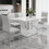A simple dining table. a dining table with a white marble pattern. 4 PU synthetic leather high backrest cushioned side chairs with C-shaped silver metal legs. DT-SQ-16090-wh C-1162 W1151S00714