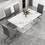 A simple dining table. a dining table with a white marble pattern. 4 PU synthetic leather high backrest cushioned side chairs with C-shaped silver metal legs. DT-SQ-16090-wh C-1162 W1151S00716