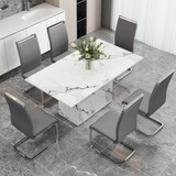 A simple dining table. a dining table with a white marble pattern. 6 PU synthetic leather high backrest cushioned side chairs with C-shaped silver metal legs. DT-SQ-16090-wh C-1162 W1151S00717