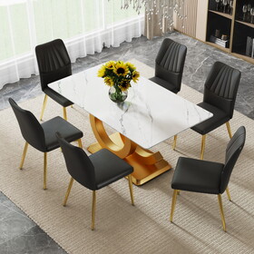 A modern minimalist rectangular dining table suitable for 6-8 people, a set of 6-piece PU leather backrest and gold metal legs modern dining chairs. F-OC C-009 W1151S00770