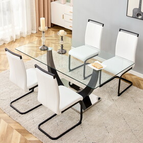 Large rectangular 0.4" tempered glass tabletop, black metal bracket dining table, 4 modern PU artificial leather high backrest soft cushioned dining chairs, C-shaped tube metal leg W1151S00792
