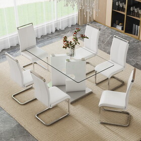 Large modern minimalist rectangular 0.31"thick tempered glass dining table, for 6-8 people. 6 PU synthetic leather high backbone cushioned side chairs with C-shaped silver metal legs W1151S00796