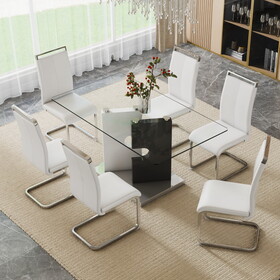 Large modern minimalist rectangular 0.31"thick tempered glass dining table, for 6-8 people. 6 PU synthetic leather high backbone cushioned side chairs with C-shaped silver metal legs W1151S00797