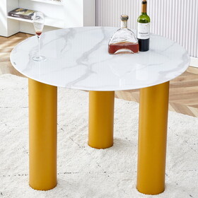 Round white dining table, artificial marble glass stickers, golden MDF legs, kitchen dining table, living room dining table 40"* 40" * 29.4"F-X03 W1151S00794
